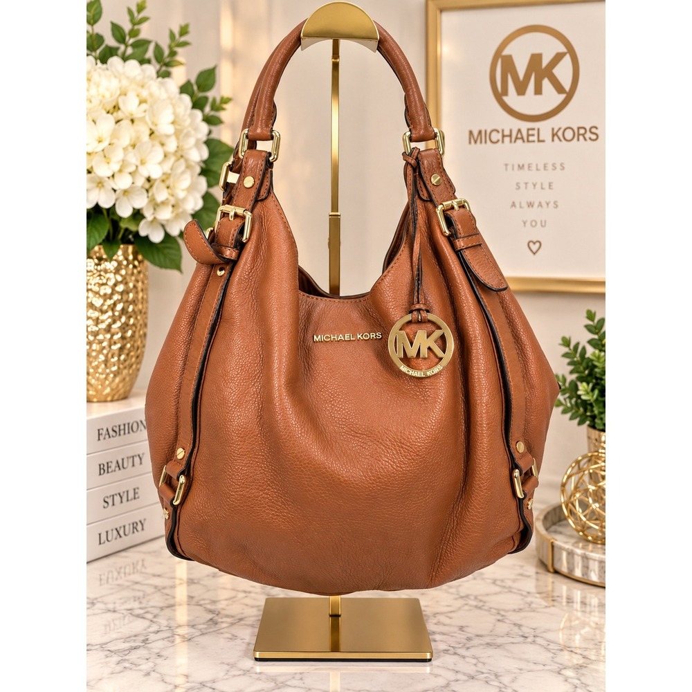 Michael Kors Bedford Hobo Bag Luggage Brown Pebbled Leather Gold Hardware